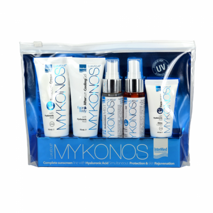 InterMed Luxurious Mykonos Kit, Face Cream SPF50 30ml + Tanning Oil SPF6 50ml + Hydrating Antioxidant Mist Face & Body 50ml + After Sun Cooling Gel 75ml + Sunscreen Cream SPF30 75ml